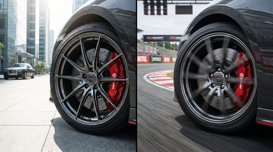 Close-up of a high-performance carbon ceramic brake rotor and caliper on a sports car, illustrating the components involved in street and track maintenance schedules.