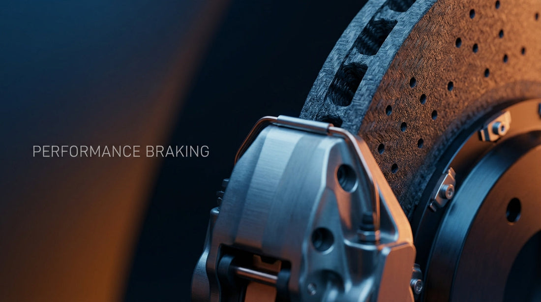 A close-up view of a high-performance carbon ceramic brake rotor and caliper, illustrating the hardware responsible for cold squeal and grinding noises.