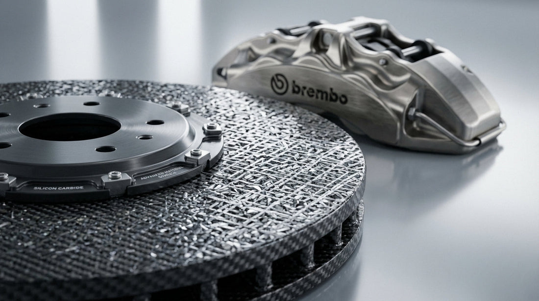 Close-up of a high-performance carbon ceramic brake rotor showing the unique surface texture and material composition.