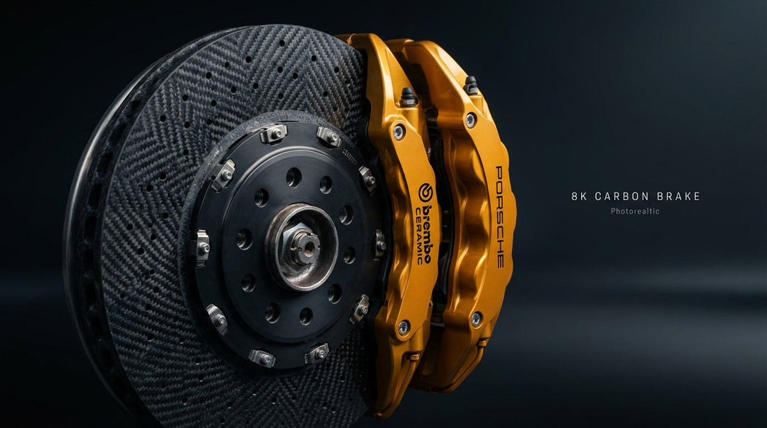 Detailed macro view of a carbon ceramic brake rotor and performance caliper highlighting the silicon carbide surface texture.
