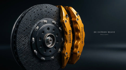 Detailed macro view of a carbon ceramic brake rotor and performance caliper highlighting the silicon carbide surface texture.