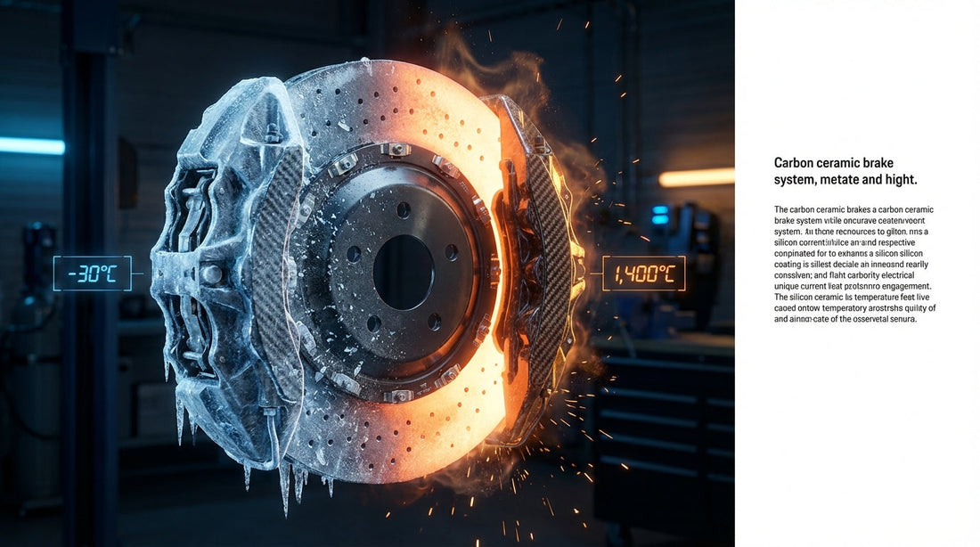 A high-performance carbon ceramic brake rotor showing a transition from freezing ice at -30 degrees Celsius to glowing heat at 1,400 degrees Celsius.