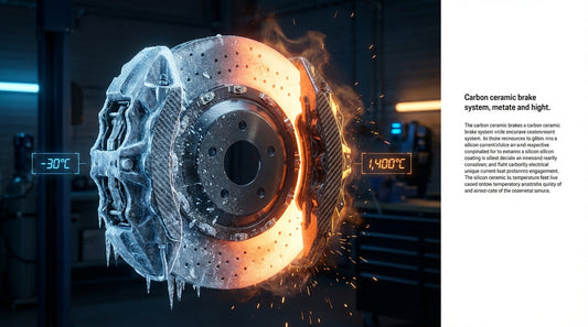 A high-performance carbon ceramic brake rotor showing a transition from freezing ice at -30 degrees Celsius to glowing heat at 1,400 degrees Celsius.