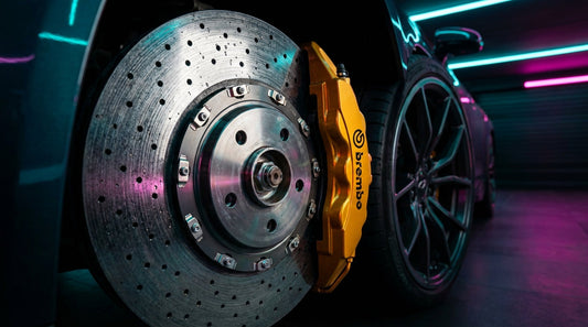 Close-up of a high-performance carbon ceramic brake system with a gold caliper on a heavy electric vehicle, showcasing the upgrade for Tesla Model X and BMW iX.