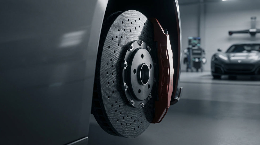 Close-up of a high-performance carbon ceramic brake disc and caliper highlighting lightweight unsprung weight reduction for better handling and EV range.
