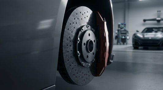 Close-up of a high-performance carbon ceramic brake disc and caliper highlighting lightweight unsprung weight reduction for better handling and EV range.