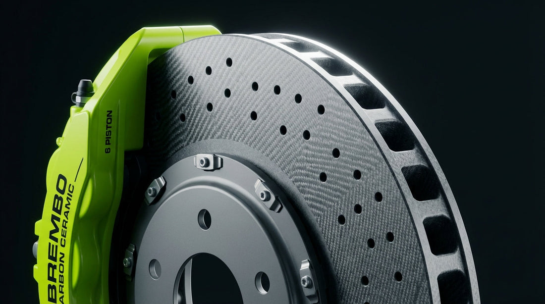 Detailed close-up of a high-performance carbon ceramic brake rotor and multi-piston caliper, showcasing the silicon carbide surface texture and cross-drilled ventilation holes.