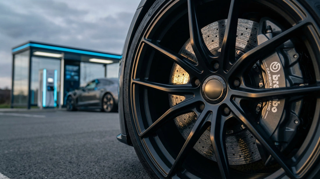 Close-up of a high-performance carbon ceramic brake rotor on an electric vehicle showcasing the silicon carbide coated surface and lightweight engineering.