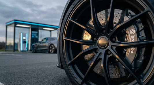 Close-up of a high-performance carbon ceramic brake rotor on an electric vehicle showcasing the silicon carbide coated surface and lightweight engineering.