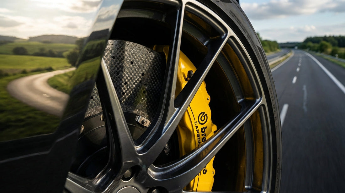 Close-up of a high-performance carbon ceramic brake system on a luxury car with a blurred European highway background.