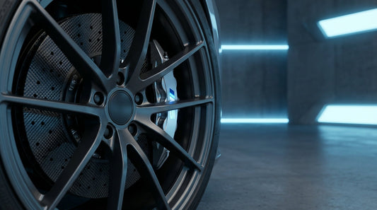 A close-up of a high-tech carbon ceramic brake rotor on an electric vehicle highlighting lightweight technology for increased range.