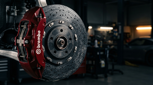 Close-up of a high-performance carbon ceramic brake rotor and caliper showing the unique carbon fiber weave texture.