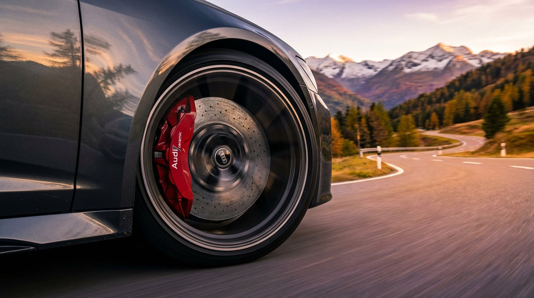 Close-up of high-performance carbon ceramic brakes on a luxury grand touring car driving through a scenic mountain pass at sunset.