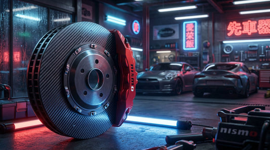 Close-up of a high-performance carbon ceramic brake system featuring a textured rotor and colored caliper for Japanese and Korean sports cars.