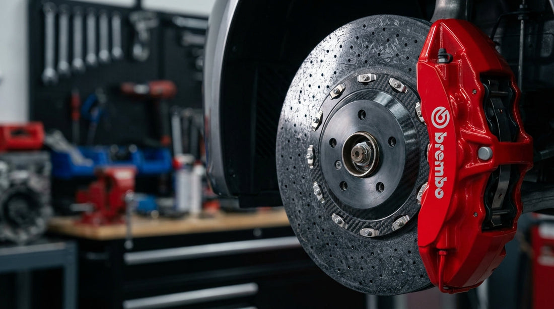 Close-up of a high-performance carbon ceramic brake rotor and caliper showing the durable composite surface texture.