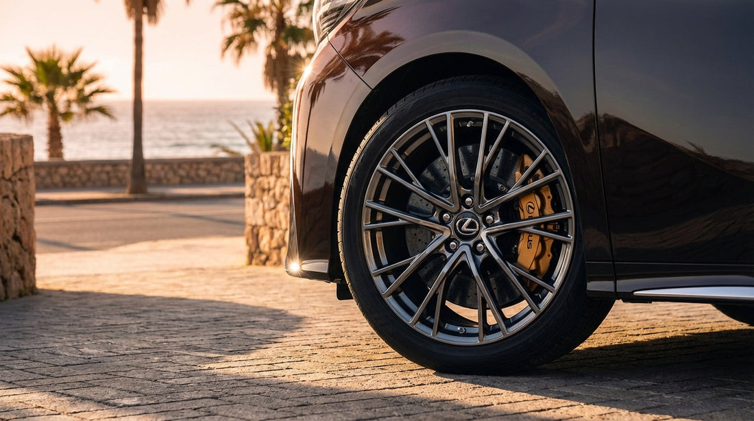 Close-up of high-performance carbon ceramic brakes with a large multi-piston caliper installed on a luxury 7-seater MPV for enhanced braking safety.