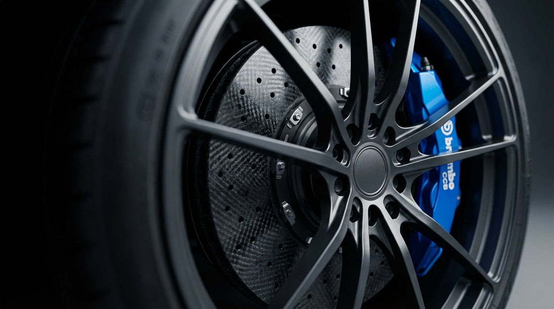 Close-up detail of a premium carbon ceramic brake rotor and caliper on a performance vehicle illustrating superior engineering.