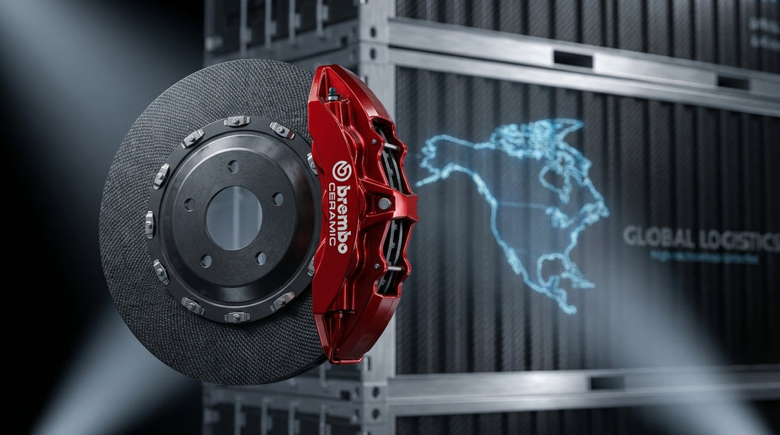 Close-up of a high-performance carbon ceramic brake rotor and red caliper representing international shipping to the USA and Canada by AME Motorsport.