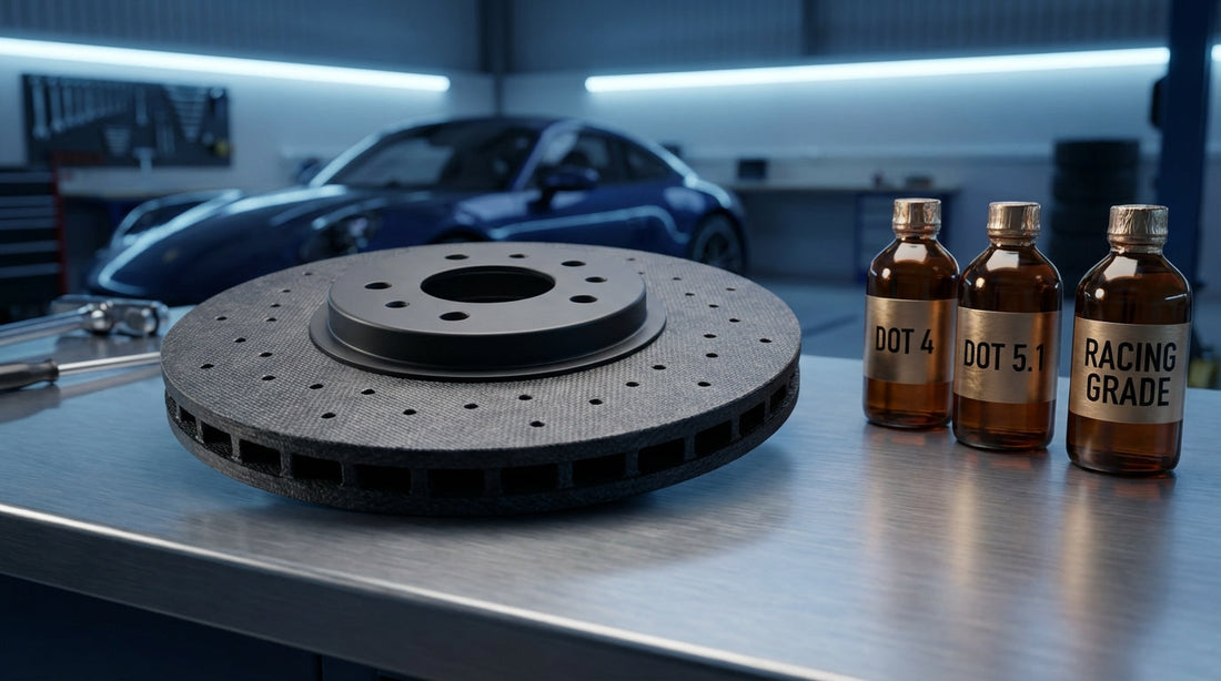 A high-performance carbon ceramic brake rotor displayed next to DOT 4, DOT 5.1, and Racing brake fluid containers on a professional workshop bench.