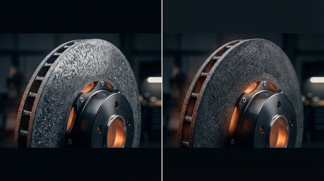 Detailed side-by-side comparison of carbon ceramic and carbon-carbon brake rotor materials showing technical surface textures and high-performance construction.