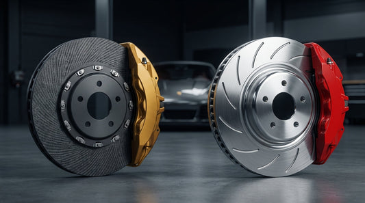 Comparison of a textured carbon ceramic brake rotor and a ventilated steel rotor side-by-side for automotive performance analysis.
