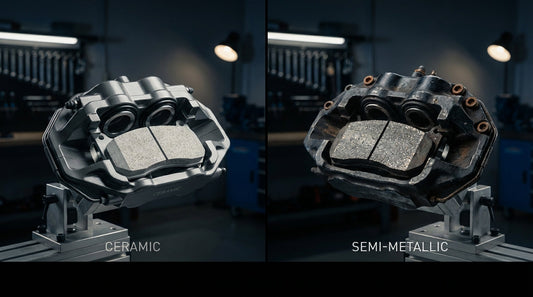 A side-by-side visual comparison of ceramic and semi-metallic brake pads mounted on performance rotors, highlighting the material differences.