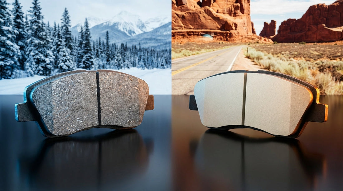 A comparison of ceramic and semi-metallic brake pads displayed against a split background of snowy winter and hot desert environments to represent US climate driving conditions.