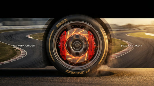 High-performance racing brake system with glowing rotors and multi-piston calipers, optimized for Tsukuba and Suzuka circuit racing.