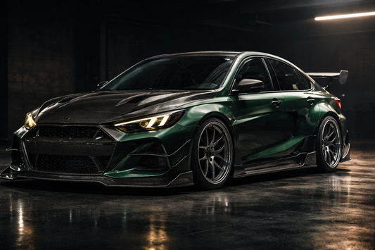 GAC Trumpchi Empow R in deep British racing green wearing the CMST dry-carbon widebody kit, front three-quarter low angle with visible carbon weave aero