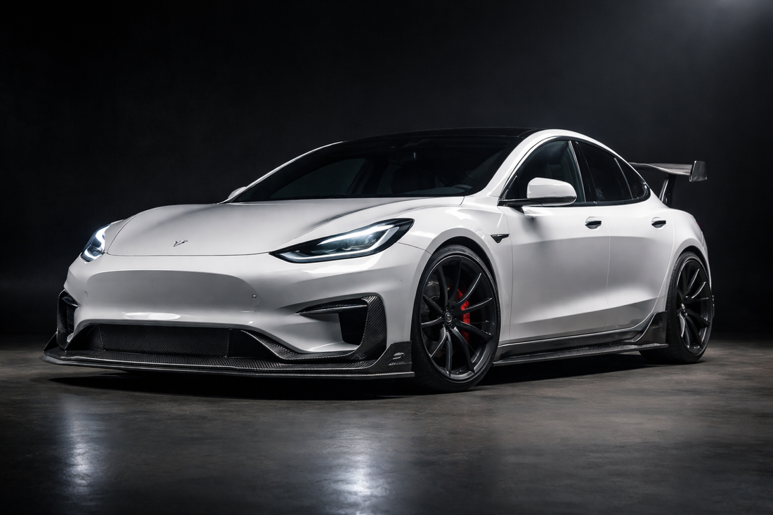 2024 Tesla Model 3 Highland in a clean colour wearing the CMST carbon-fibre aero kit, 3/4 front low angle