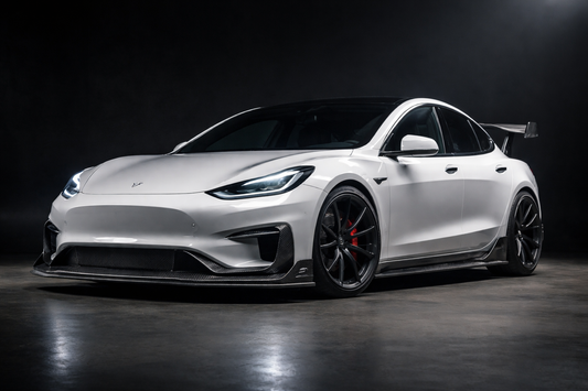 2024 Tesla Model 3 Highland in a clean colour wearing the CMST carbon-fibre aero kit, 3/4 front low angle