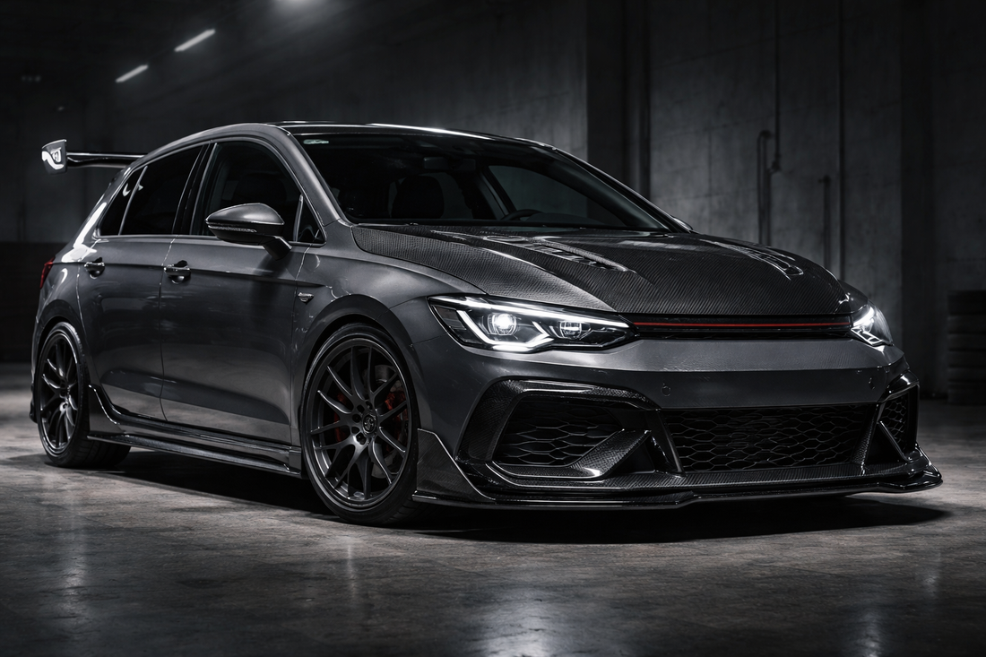 Volkswagen Golf Mk8 GTI hot hatch in a CMST carbon-fibre kit with carbon bonnet, front lip, side skirts and rear wing on forged 18-inch wheels