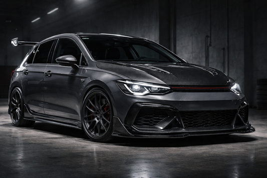 Volkswagen Golf Mk8 GTI hot hatch in a CMST carbon-fibre kit with carbon bonnet, front lip, side skirts and rear wing on forged 18-inch wheels