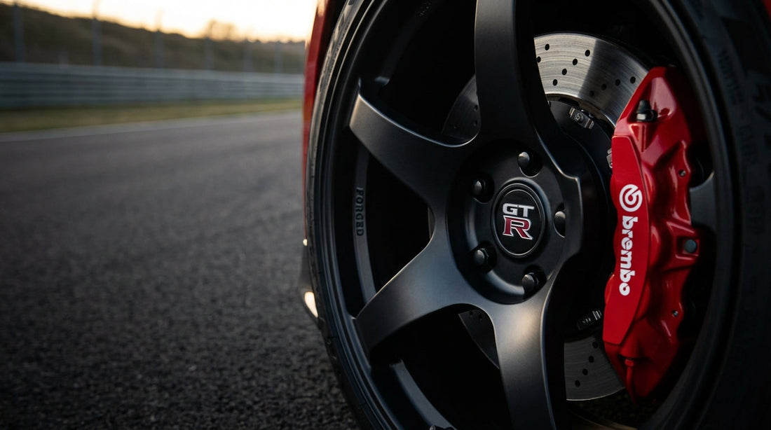 Close-up of a red Brembo performance brake caliper and cross-drilled rotor on a sports car, representing the complete Brembo brakes guide for street and track.