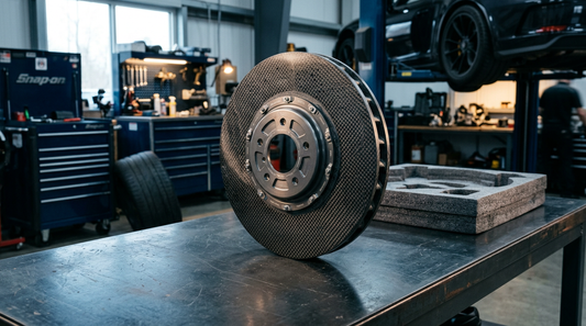 A high-performance carbon ceramic brake rotor on a professional workbench, illustrating proper handling and storage practices for automotive performance parts.