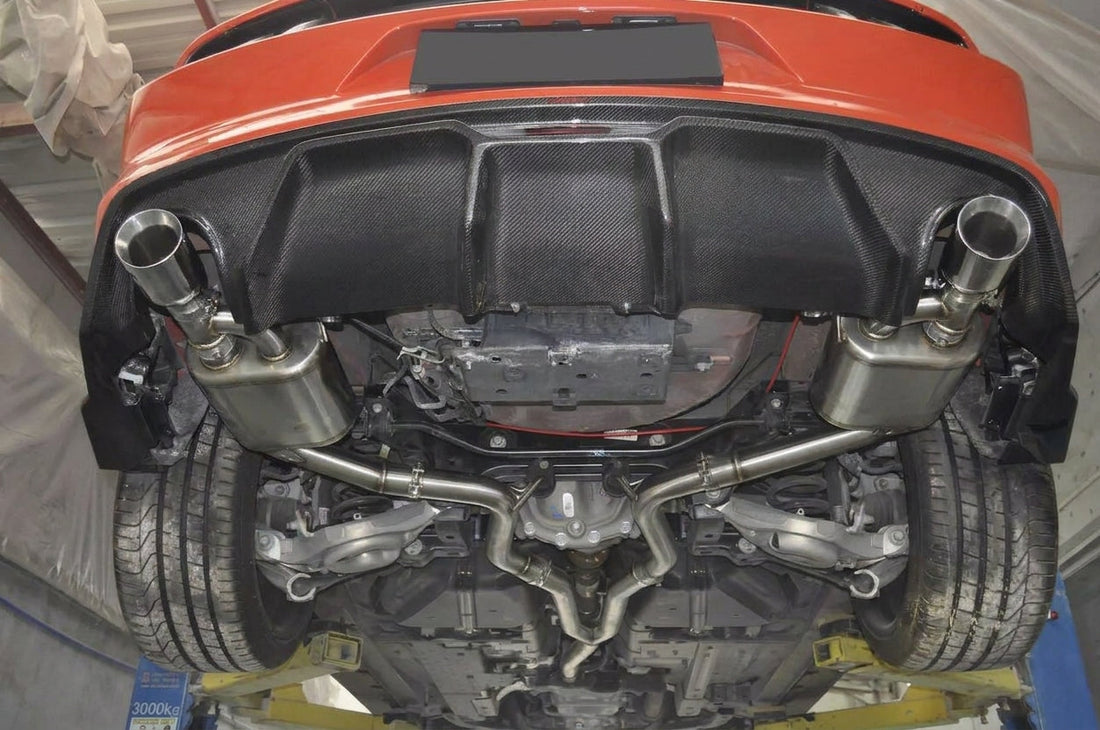 Photoreal hero image of a complete brushed SUS304 stainless valved cat-back exhaust system for a 2015-2017 Ford Mustang with twin polished tips and vacuum valve actuators on a dark studio surface