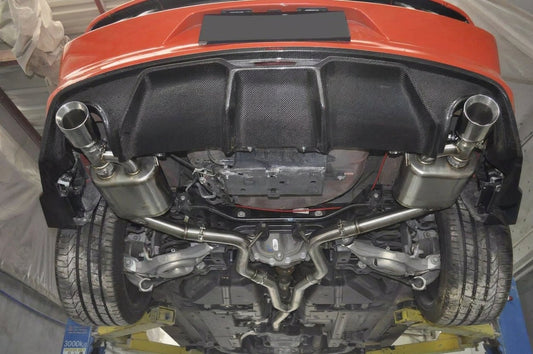 Photoreal hero image of a complete brushed SUS304 stainless valved cat-back exhaust system for a 2015-2017 Ford Mustang with twin polished tips and vacuum valve actuators on a dark studio surface