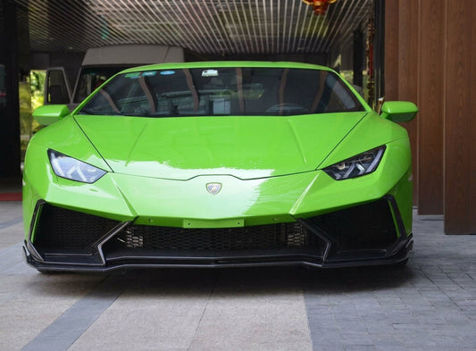Green Lamborghini Huracan LP610-4 with full CMST carbon kit, front splitter, side skirts, diffuser and tall rear wing, low front three-quarter hero