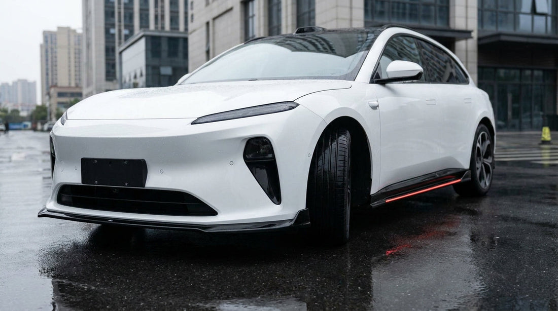 NIO ET5T Xinlan edition wagon with ABS body kit front lip and side skirts fitted, 3/4 front low angle, outdoor setting