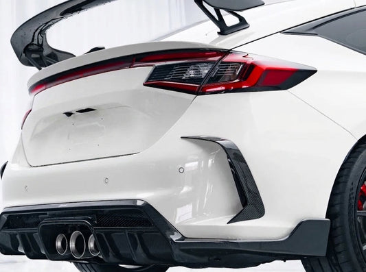 White Honda Civic Type R FL5 wearing the CMST dry-carbon aero kit with carbon bonnet, front lip and rear wing, front three-quarter low angle