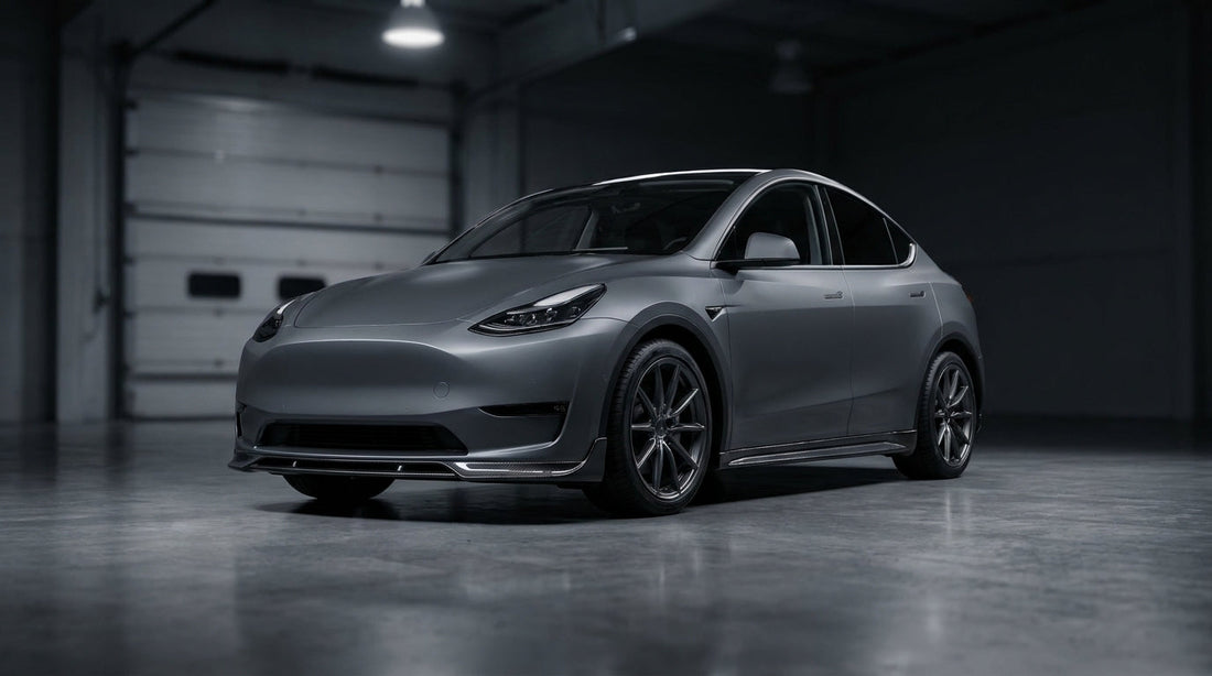 2025 Tesla Model Y Juniper in stealth grey with a CMST carbon fibre front lip and rear diffuser, 3/4 front low angle in a studio
