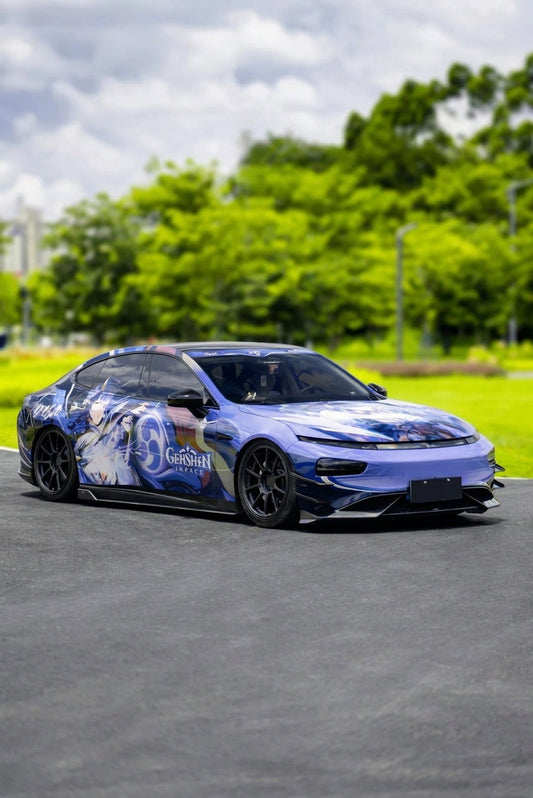 Xpeng P7 electric sedan with CMST Phantom carbon fibre front lip, four-piece canards, side skirts and rear lip, 3/4 front low angle, moody studio lighting, no text