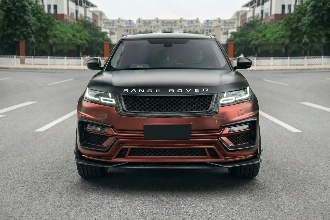 Range Rover Velar in satin bronze with full CMST widebody carbon kit, low front three-quarter hero