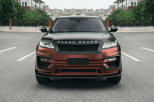 Range Rover Velar in satin bronze with full CMST widebody carbon kit, low front three-quarter hero