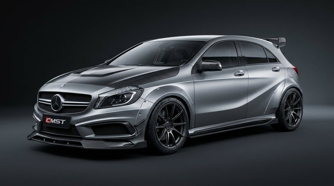Mercedes-Benz A180 W176 in silver wearing the CMST carbon-fibre widebody kit, low front three-quarter studio hero