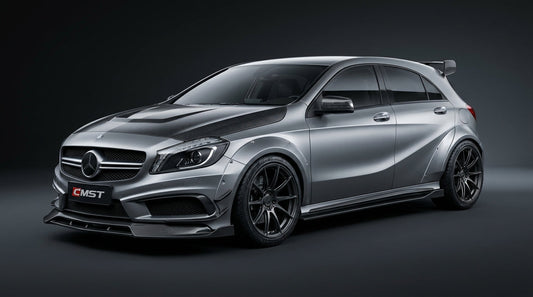 Mercedes-Benz A180 W176 in silver wearing the CMST carbon-fibre widebody kit, low front three-quarter studio hero