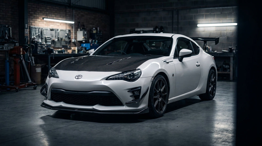 CMST Toyota 86 in gloss white with carbon fibre vented bonnet and large GT wing, 3/4 front low angle in moody garage lighting