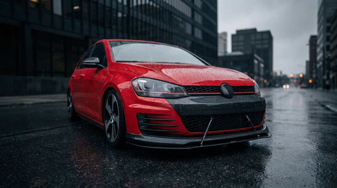 CMST Volkswagen Golf GTI MK7 in Tornado Red with carbon fibre grille, front lip and rear diffuser, 3/4 front low angle