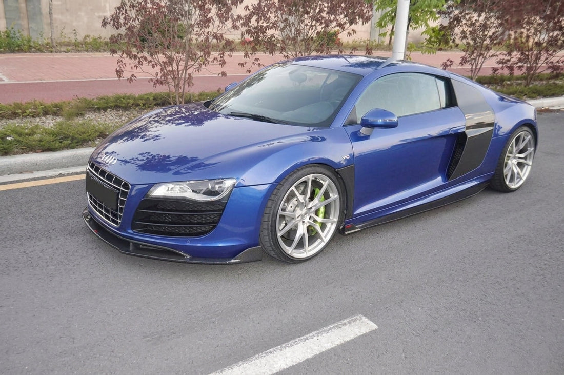 Sepang Blue Audi R8 V10 with full CMST carbon fibre aero kit and silver forged wheels, low front three-quarter hero