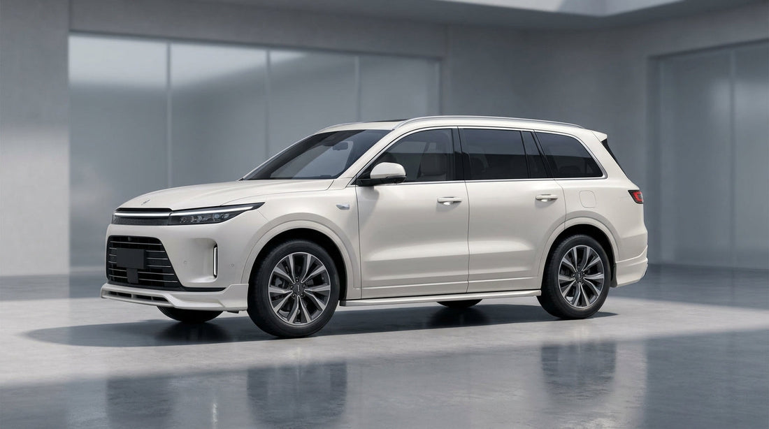 AITO Wenjie M8 large SUV in pearl white with CMST ABS body kit, 3/4 front low angle in studio lighting